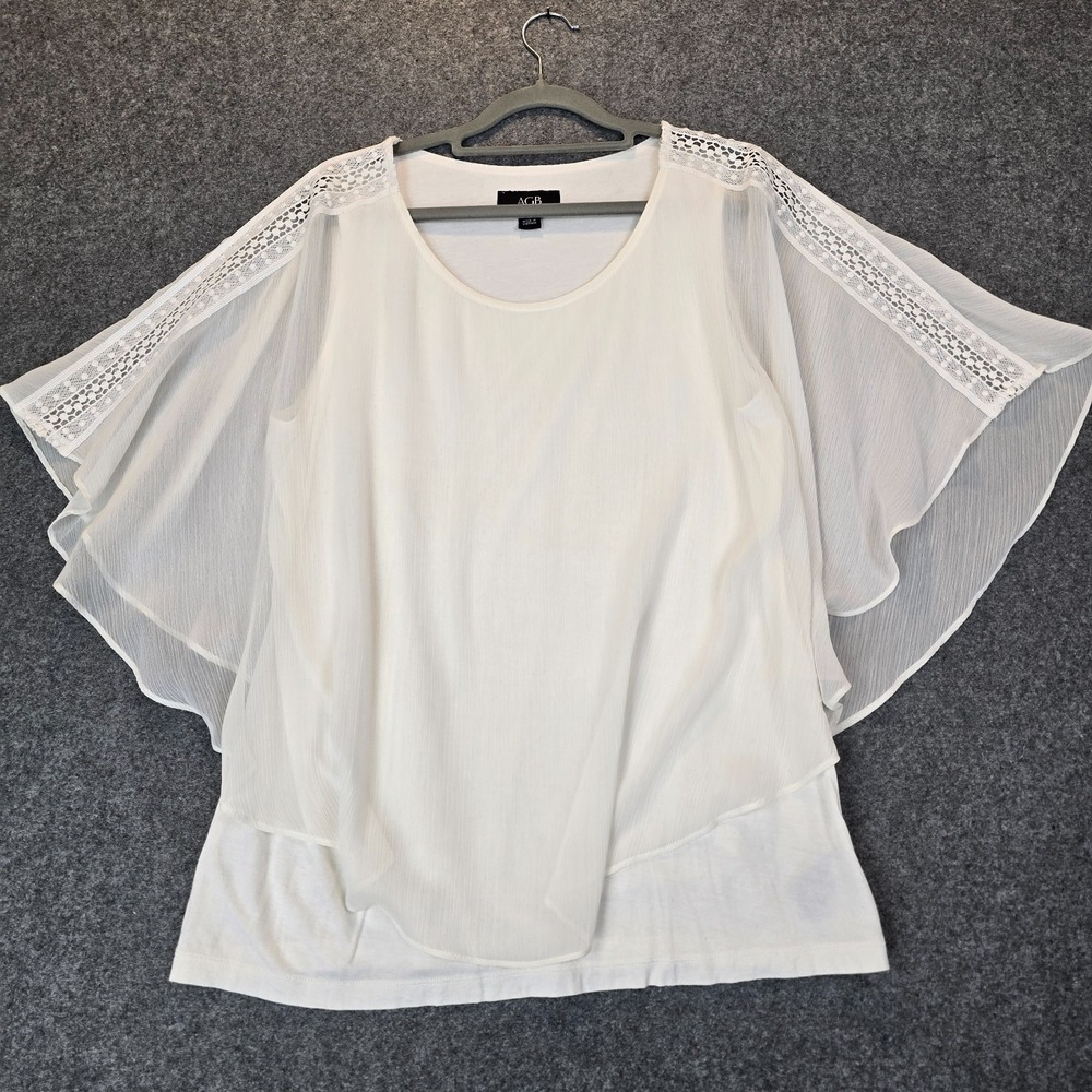 AGB Popover Top Women's Large White Lined Lace Trim Chiffon Round Neck Pullover